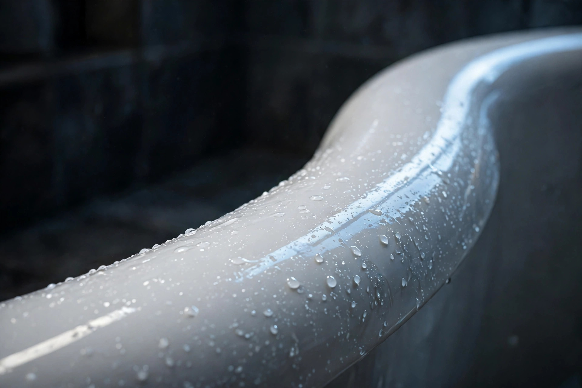 Fresh glaze sheen with beading water on a reglazed tub edge